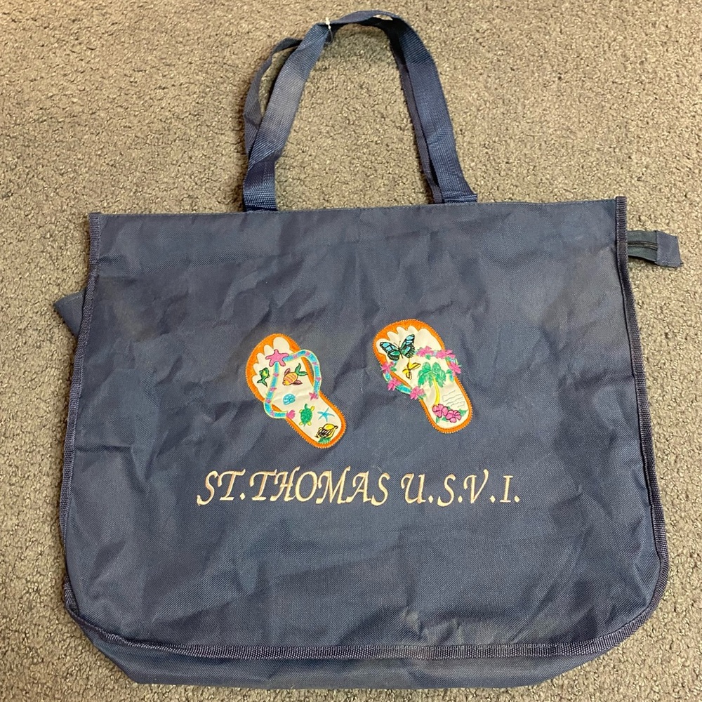 Embroidered St Thomas USVI Beach Travel Cruise Tote Bag Blue 20” x 14” x 5”